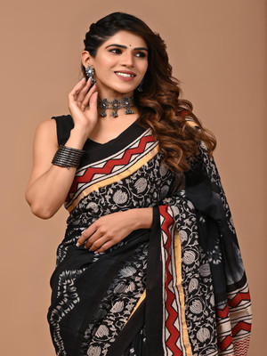 Taavi Blocked Printed Daily Wear Cotton Blend Saree(Black)