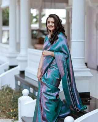 KRIYANSH Woven, Printed, Applique, Embellished Banarasi Jacquard, Art Silk Saree(Light Blue)
