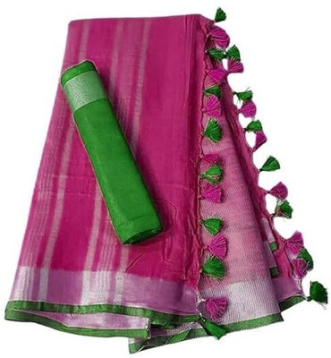 Aamir Fashion Textile Solid/Plain Bhagalpuri Handloom Cotton Linen Saree(Pink)