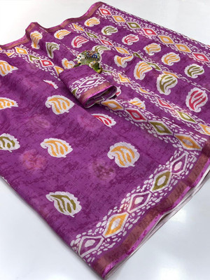 SDGRATITUDE Printed, Floral Print, Digital Print Daily Wear Cotton Linen, Linen Saree(White)