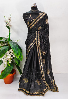 MIYANIFAB Embroidered Bollywood Jimmy choo Saree(Black)