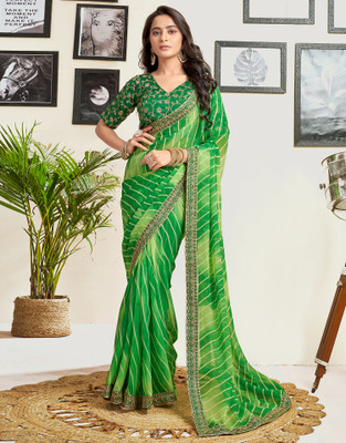 Sangria Printed, Embellished Leheria Georgette Saree(Green)