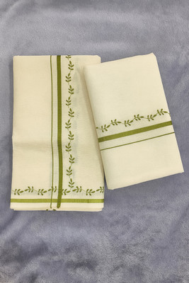 Adhvini Floral Print, Solid/Plain, Woven Mundum Neriyathum Pure Cotton Saree(Light Green)