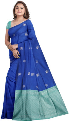 SHRIMAY Woven Kanjivaram Silk Blend Saree(Dark Blue)