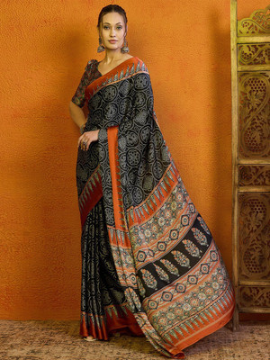 Sangria Printed Hand Batik Satin Saree(Black)