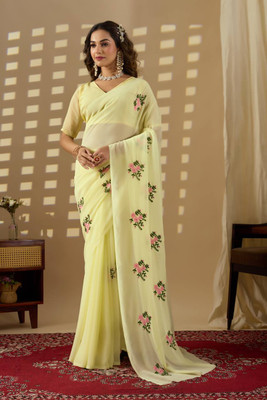 SILKORA Embroidered Bollywood Georgette Saree(Yellow)