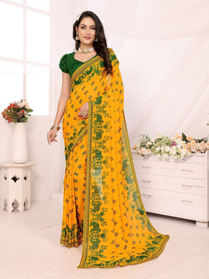 Moda Rapido Printed, Self Design Daily Wear Georgette Saree(Yellow)