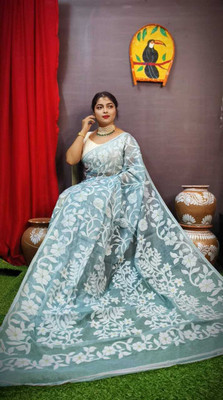 BBSaree Embroidered Jamdani Cotton Silk Saree(Light Blue)