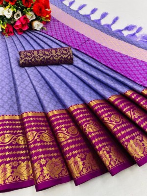 Dhami Self Design, Woven, Embellished Arani Pattu Cotton Silk Saree(Purple)