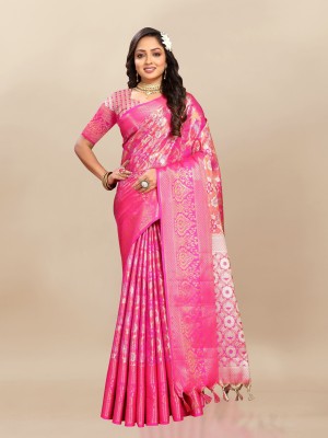 Upalksh Self Design, Woven, Printed, Solid/Plain, Applique, Polka Print Banarasi Tussar Silk, Jacquard Saree(Pink)