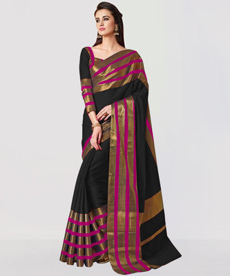 BAPS Striped, Woven, Embellished, Solid/Plain Bollywood Cotton Blend, Art Silk Saree(Black)