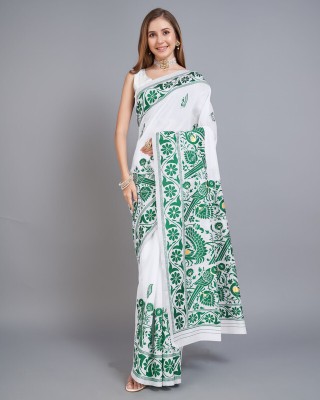 DURGA TEXTILE Woven, Floral Print, Self Design, Temple Border Jamdani Cotton Blend, Jacquard Saree(Green)