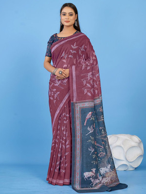 Anouk Rustic Printed Daily Wear Linen Saree(Purple)