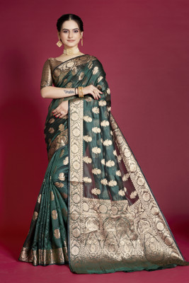 HouseOfCommon Embellished, Polka Print, Solid/Plain Bollywood Net, Organza Saree(Dark Green)