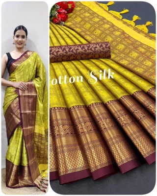SHARIRI Printed, Self Design, Geometric Print, Woven, Graphic Print, Floral Print, Polka Print Bollywood Jacquard, Art Silk Saree(Yellow, Maroon)
