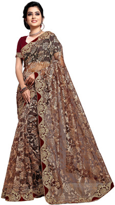 Aruna Sarees Embroidered Bollywood Net Saree(Brown)