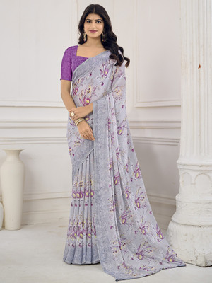 Divastri Floral Print, Geometric Print, Digital Print, Printed Bollywood Chiffon Saree(Grey)