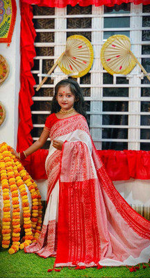 sdn Woven Tant Handloom Cotton Blend Saree(White, Red)