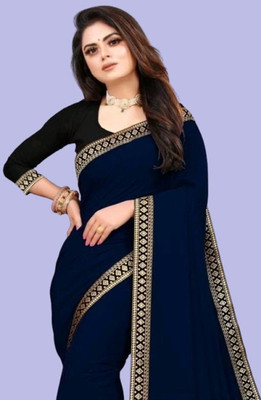 OKTAT Solid/Plain Bollywood Georgette Saree(Dark Blue)
