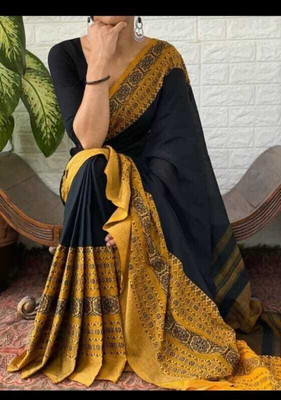 GOLU Printed Handloom Cotton Blend Saree(Black, Yellow)