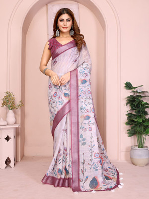 Hasti Graphic Print Assam Silk Cotton Linen Saree(Multicolor)