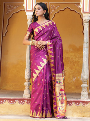 Janasya Woven, Self Design Paithani Silk Blend Saree(Purple)