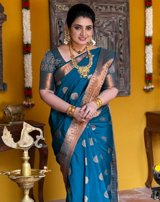 SIRIL Embroidered Kanjivaram Jacquard, Silk Blend Saree(Gold, Blue)
