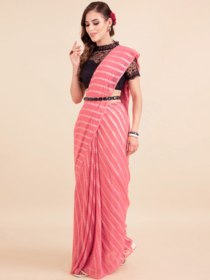 Sangria Embellished Saree with Attached Blouse Net Saree(Pink)