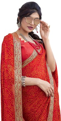 Priyashi Geometric Print Daily Wear Georgette, Lace Saree(Red)