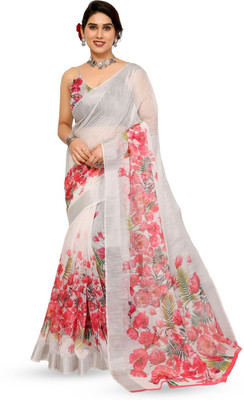 Moda Rapido Printed Bollywood Cotton Blend Saree(White)