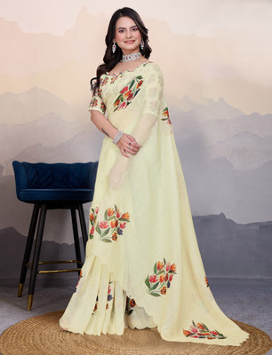 Dharam Creation Floral Print Daily Wear Linen, Cotton Linen Saree(Yellow)