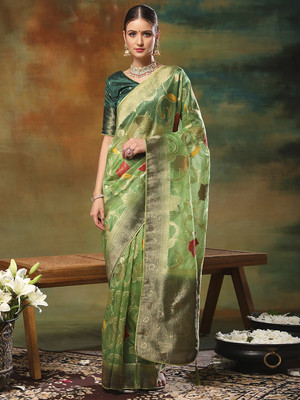 Divastri Printed Banarasi Organza Saree(Light Green)