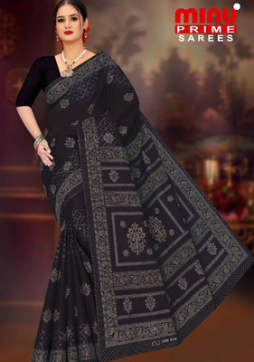 Minu Fashion Printed Bollywood Pure Cotton Saree(Black)