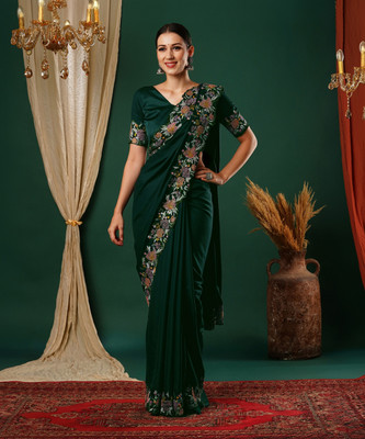 Satrani Embroidered, Dyed Bollywood Satin Saree(Dark Green, Multicolor)