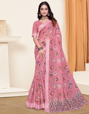 Samah Printed, Embellished, Striped Daily Wear Linen Saree(Pink, Multicolor)