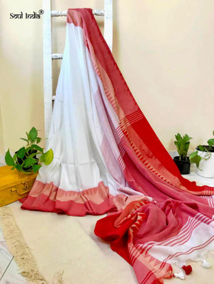 Joyguru Textile Solid/Plain Handloom Pure Cotton Saree(White)