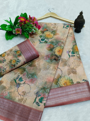 PRTRENDZ Woven Kanjivaram Linen, Cotton Linen Saree(Orange)