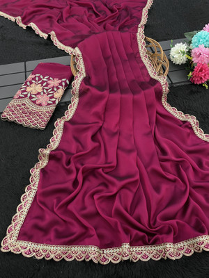 K 5 FASHION Embroidered, Solid/Plain Bollywood Chiffon Saree(Pink)