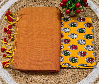 JHILUU Solid/Plain, Printed Handloom Cotton Blend Saree(Pack of 2, Mustard)