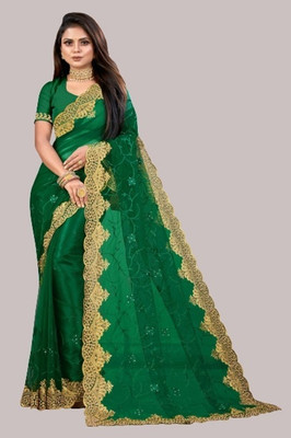 MIYANIFAB Embroidered, Floral Print Bollywood Net Saree(Green)