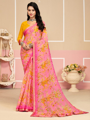 PANZORA Floral Print Daily Wear Chiffon Saree(Pink, Yellow)