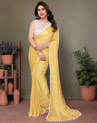 Satrani Solid/Plain Bollywood Chiffon Saree(Yellow)