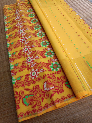 KhayaFashion Woven Tant Pure Cotton Saree(Yellow)