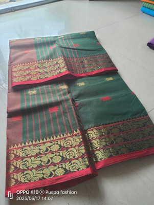 p fashion Self Design Tant Pure Cotton Saree(Dark Green)