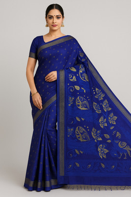 Pradip Fabrics Self Design Jamdani Cotton Silk Saree(Blue)