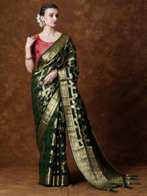 ANOUK Woven Kanjivaram Pure Cotton Saree(Green)