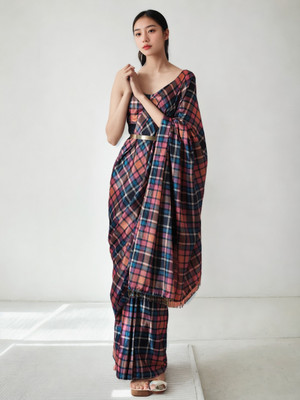 HouseOfCommon Checkered Bollywood Silk Blend Saree(Multicolor)