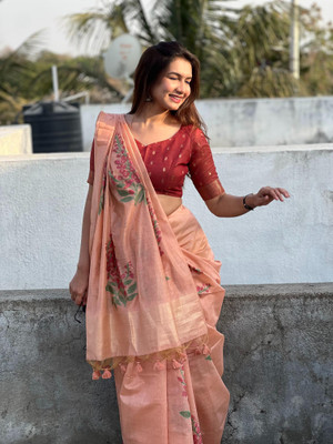 PeachPetals Printed, Floral Print Banarasi Cotton Blend Saree(Pink)