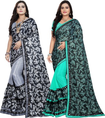 DECOFIN Embellished, Floral Print Bollywood Lycra Blend Saree(Pack of 2, Grey, Light Blue)