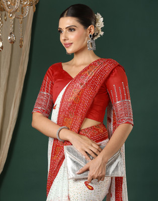 Samah Printed, Striped Bandhani Georgette, Satin Saree(Red, White)